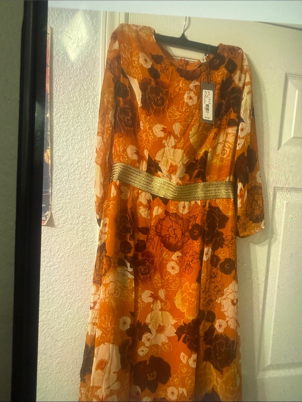 New York & Company Orange Floral Long-Sleeve Midi Dress with Gold Waistband